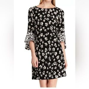 AMERICAN LIVING Women's Celinda Black White Floral Printed Bell Sleeve Dress